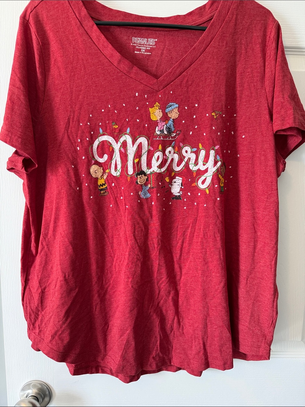 Peanuts Red V-Neck Tee with "Merry" Holiday Graphic